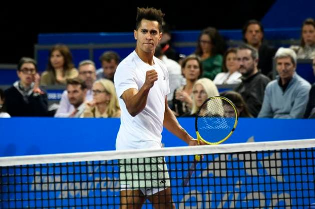 MONTPELLIER, FRANCE - FEBRUARY 2 : Michael MMOH (USA) celebration during the 1 4 final of the ATP, Tennis Herren 250 Open Sud de France tournament vs. Holger RUNE (DEN) in Montpellier, France on February 2nd, 2024. TENNIS : Open Sud de France ATP 250 - 02 02 2024 ValentinaClaret Panoramic 