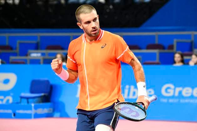 MONTPELLIER, FRANCE - FEBRUARY 2 : Borna CORIC (CRO) celebration during the 1 4 final of the ATP, Tennis Herren 250 Open Sud de France tournament vs. Flavio COBOLLI (ITA) in Montpellier, France on February 2nd, 2024. TENNIS : Open Sud de France ATP 250 - 02 02 2024 ValentinaClaret Panoramic 