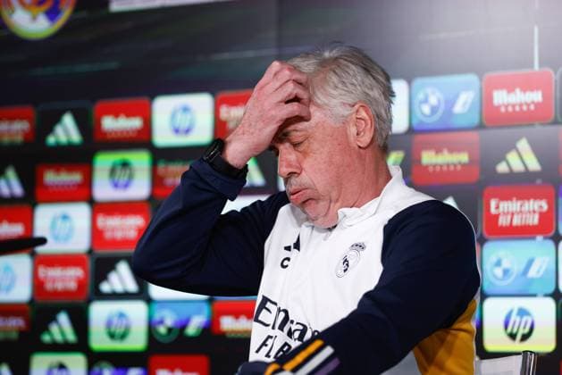 Sport Themen der Woche KW05 Sport Bilder des Tages February 3, 2024, Valdebebas, Madrid, SPAIN: Carlo Ancelotti, head coach of Real Madrid, attends his press conference, PK, Pressekonferenz during the training day of Real Madrid before the LaLiga EA Sports football match against Atletico de Madrid at Ciudad Deportiva Real madrid on February 03, 2024 in Valdebebas, Madrid, Spain. Valdebebas SPAIN - ZUMAa181 20240203_zaa_a181_027 Copyright: xOscarxJ.xBarrosox