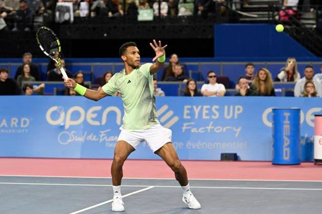 MONTPELLIER, FRANCE - FEBRUARY 3 : Felix AUGER-ALIASSIME (CAN) during the 1 2 final of the ATP, Tennis Herren 250 Open Sud de France tournament vs. Alexander BUBLIK (KAZ) in Montpellier, France on February 3rd, 2024. TENNIS : Open Sud de France ATP 250 - 03 02 2024 ValentinaClaret Panoramic 