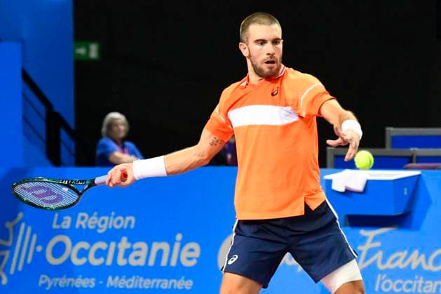 MONTPELLIER, FRANCE - FEBRUARY 3 : Borna CORIC (CRO) during the 1 2 final of the ATP, Tennis Herren 250 Open Sud de France tournament vs. Holger RUNE (DEN) in Montpellier, France on February 3rd, 2024. TENNIS : Open Sud de France ATP 250 - 03 02 2024 ValentinaClaret Panoramic 
