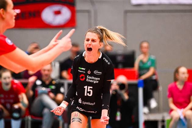 1. Volleyball Bundesliga Frauen, Dresdner SC vs. SSC Palmberg Schwerin, Dresden, 03.02.2024 Aleksandra Jegdic (Dresdner SC, 15) 1. Volleyball Bundesliga Frauen, Dresdner SC vs. SSC Palmberg Schwerin am 03.02.2024 in der Margon Arena Dresden Copyright: xBEAUTIFULxSPORTS Hoepnerx