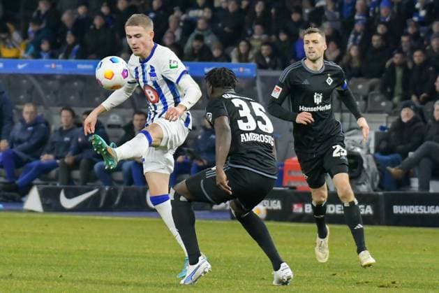 Fussball 2. Bundesliga, Hertha BSC - Hamburger SV 03.02.2024, xdanx, Fussball 2. Bundesliga, Hertha BSC - Hamburger SV, v.l. Marten Winkler (Hertha BSC 22),Stephan Ambrosius (Hamburger SV 35),Jonas Meffert (Hamburger SV 23),Zweikampf, Duell, Kampf, tackle (DFL DFB REGULATIONS PROHIBIT ANY USE OF PHOTOGRAPHS as IMAGE SEQUENCES and or QUASI-VIDEO) Foto: Daniel Lakomski Mix1 Berlin Olympiastadion Berlin Berlin Deutschland (DE)