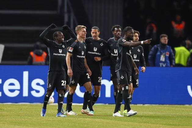 03.02.2024, xtgx, Fussball - 2.Bundesliga, Hertha BSC Berlin - Hamburger SV emspor, v.l. Hamburg jubel nach Tor durch mMiro Muheim (HSV, 28) (DFL DFB REGULATIONS PROHIBIT ANY USE OF PHOTOGRAPHS as IMAGE SEQUENCES and or QUASI-VIDEO) Berlin
