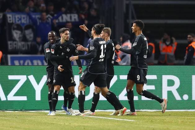 03.02.2024, xtgx, Fussball - 2.Bundesliga, Hertha BSC Berlin - Hamburger SV emspor, v.l. Jubel nach dem 1:2 durch Ludovit Reis (HSV, 14) (DFL DFB REGULATIONS PROHIBIT ANY USE OF PHOTOGRAPHS as IMAGE SEQUENCES and or QUASI-VIDEO) Berlin