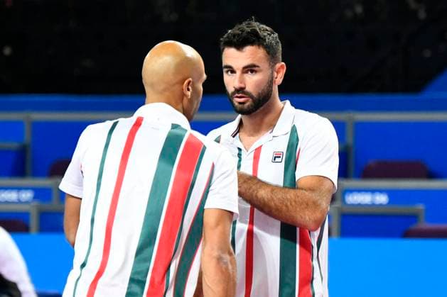 MONTPELLIER, FRANCE - FEBRUARY 4 : Sadio DOUMBIA (FRA) and Fabien REBOUL (FRA) during the doubles final of the ATP, Tennis Herren 250 Open Sud de France tournament vs. Albano OLIVETTI (FRA) and Sam WEISSBORN (AUT) in Montpellier, France on February 4th, 2024. TENNIS : Open Sud de France ATP 250 - 04 02 2024 ValentinaClaret Panoramic 