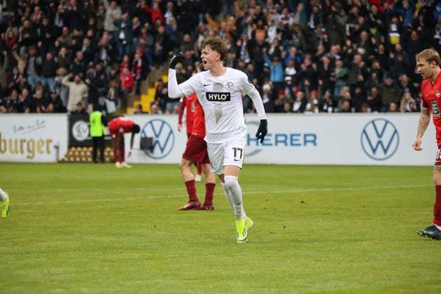 04.02.2024, Fussball, Herren, 2. Bundesliga, Saison 2023 2024, SV 07 Elversberg - 1. FC Kaiserslautern, Torjubel zum 1:0, Torschütze: Paul Wanner (SV 07 Elversberg) Elversberg Ursapharm-Arena an der Kaiserlinde Saarland Deutschland (DE)