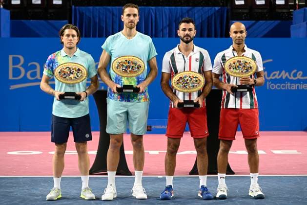 MONTPELLIER, FRANCE - FEBRUARY 4 : Sam WEISSBORN (AUT) and Albano OLIVETTI (FRA) finalists and Fabien REBOUL (FRA) and Sadio DOUMBIA (FRA) winners of the doubles ATP, Tennis Herren 250 Open Sud de France tournament in Montpellier, France on February 4th, 2024. TENNIS : Open Sud de France ATP 250 - 04 02 2024 ValentinaClaret Panoramic 