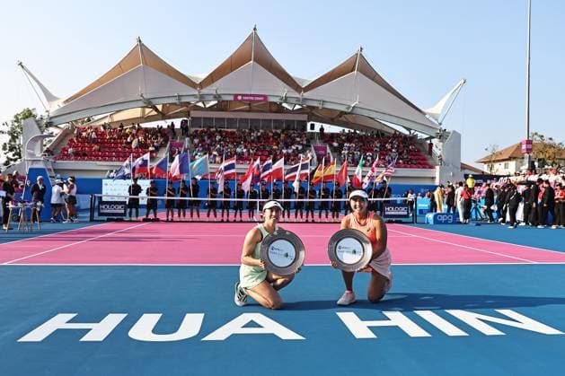 Miyu Kato (green), JPN, and Aldila Sutjiadi (orange), INA, after doubles final at 2024 Thailand Open in Hua Hin, 04 02 2024; -