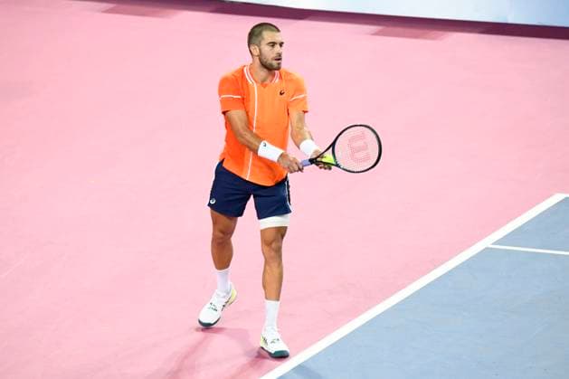MONTPELLIER, FRANCE - FEBRUARY 4 : Borna CORIC (CRO) during the final of the ATP, Tennis Herren 250 Open Sud de France tournament vs. Alexander BUBLIK (KAZ) in Montpellier, France on February 4th, 2024. TENNIS : Open Sud de France ATP 250 - 04 02 2024 ValentinaClaret Panoramic 