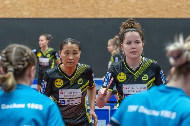 Qianhong Gotsch (SV Böblingen, 01)¨Alexandra Kaufmann (SV Böblingen, 04)¨¨SV Böblingen vs TSV Dachau, Tischtennis, Bundesliga Damen, Saison 2024, 04.02.2024, SV Böblingen vs TSV Dachau, Tischtennis, Bundesliga Damen, Saison 2024, 04.02.2024 Böblingen