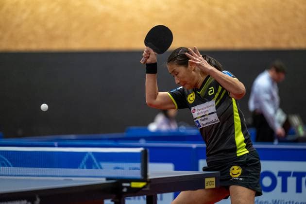 Qianhong Gotsch (SV Böblingen, 01)¨¨SV Böblingen vs TSV Dachau, Tischtennis, Bundesliga Damen, Saison 2024, 04.02.2024, SV BËÜblingen vs TSV Dachau, Tischtennis, Bundesliga Damen, Saison 2024, 04.02.2024 BËÜblingen
