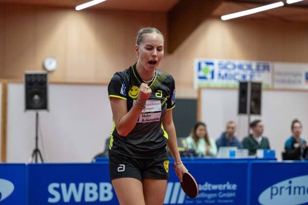 Annett Kaufmann (SV Böblingen, 02) jubelt ¨¨SV Böblingen vs TSV Dachau, Tischtennis, Bundesliga Damen, Saison 2024, 04.02.2024, SV Böblingen vs TSV Dachau, Tischtennis, Bundesliga Damen, Saison 2024, 04.02.2024 Böblingen