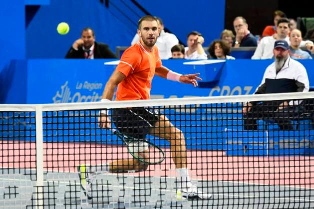 MONTPELLIER, FRANCE - FEBRUARY 4 : Borna CORIC (CRO) during the final of the ATP, Tennis Herren 250 Open Sud de France tournament vs. Alexander BUBLIK (KAZ) in Montpellier, France on February 4th, 2024. TENNIS : Open Sud de France ATP 250 - 04 02 2024 ValentinaClaret Panoramic 