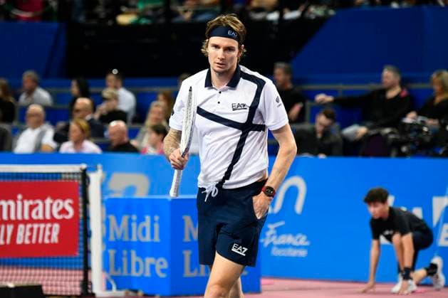 MONTPELLIER, FRANCE - FEBRUARY 4 : Alexander BUBLIK (KAZ) during the final of the ATP, Tennis Herren 250 Open Sud de France tournament vs. Borna CORIC (CRO) in Montpellier, France on February 4th, 2024. TENNIS : Open Sud de France ATP 250 - 04 02 2024 ValentinaClaret Panoramic 