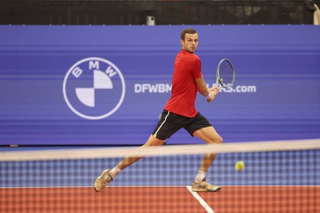 DALLAS, TX - FEBRUARY 04: Timo Stodder (GER) hits a backhand during the Dallas Open on February 4, 2024 at Styslinger Altec Tennis Complex in Dallas, TX.(Photo by George Walker Icon Sportswire) TENNIS: FEB 04 Dallas Open EDITORIAL USE ONLY Icon24020406