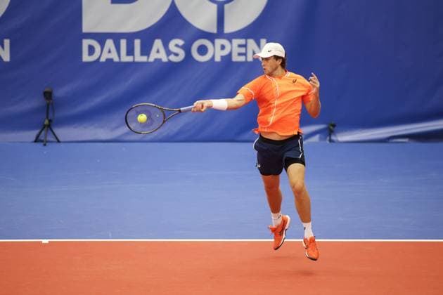 DALLAS, TX - FEBRUARY 04: Brandon Holt (USA) hits a forehand during the Dallas Open on February 4, 2024 at Styslinger Altec Tennis Complex in Dallas, TX.(Photo by George Walker Icon Sportswire) TENNIS: FEB 04 Dallas Open EDITORIAL USE ONLY Icon24020411