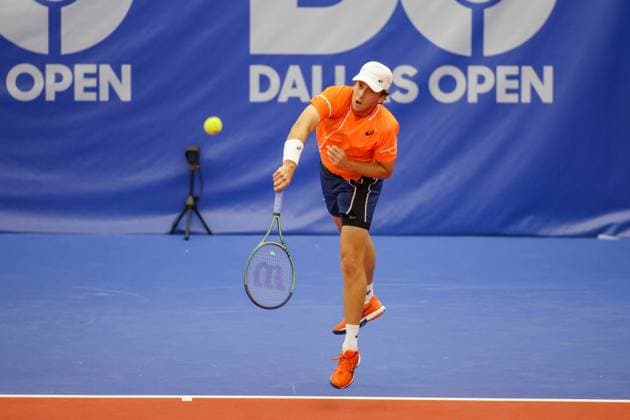 DALLAS, TX - FEBRUARY 04: Brandon Holt (USA) serves during the Dallas Open on February 4, 2024 at Styslinger Altec Tennis Complex in Dallas, TX.(Photo by George Walker Icon Sportswire) TENNIS: FEB 04 Dallas Open EDITORIAL USE ONLY Icon24020412