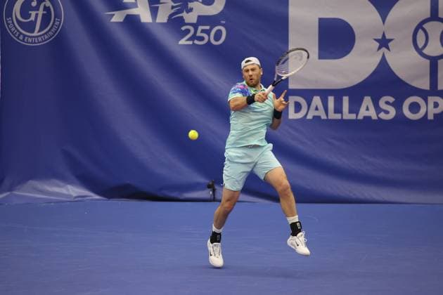 DALLAS, TX - FEBRUARY 04: Illya Marchenko (UKR) hits a forehand during the Dallas Open on February 4, 2024 at Styslinger Altec Tennis Complex in Dallas, TX.(Photo by George Walker Icon Sportswire) TENNIS: FEB 04 Dallas Open EDITORIAL USE ONLY Icon24020416