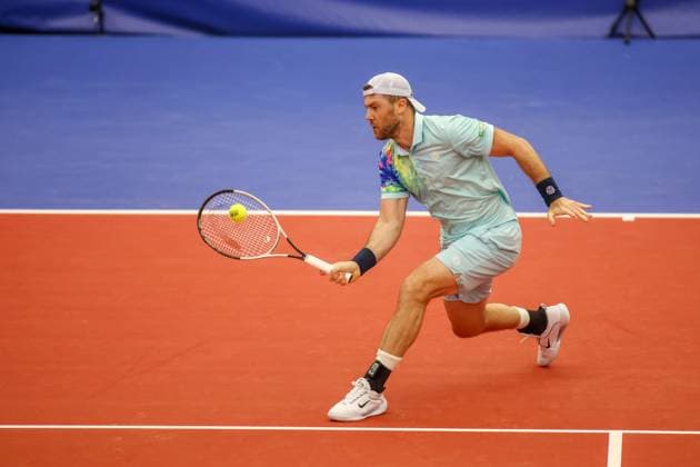 DALLAS, TX - FEBRUARY 04: Illya Marchenko (UKR) hits a volley during the Dallas Open on February 4, 2024 at Styslinger Altec Tennis Complex in Dallas, TX.(Photo by George Walker Icon Sportswire) TENNIS: FEB 04 Dallas Open EDITORIAL USE ONLY Icon24020417