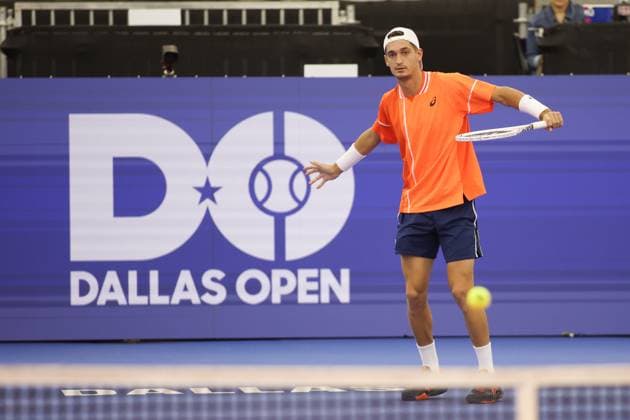 DALLAS, TX - FEBRUARY 05: Terence Atmane (FRA) hits a backhand during the Dallas Open on February 5, 2024 at Styslinger Altec Tennis Complex in Dallas, TX. (Photo by George Walker Icon Sportswire) TENNIS: FEB 05 Dallas Open EDITORIAL USE ONLY Icon24020505