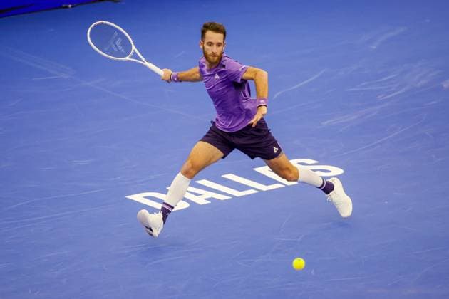 DALLAS, TX - FEBRUARY 05: Constant Lestienne (FRA) hits a forehand during the Dallas Open on February 5, 2024 at Styslinger Altec Tennis Complex in Dallas, TX. (Photo by George Walker Icon Sportswire) TENNIS: FEB 05 Dallas Open EDITORIAL USE ONLY Icon24020528