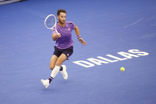DALLAS, TX - FEBRUARY 05: Constant Lestienne (FRA) hits a forehand during the Dallas Open on February 5, 2024 at Styslinger Altec Tennis Complex in Dallas, TX. (Photo by George Walker Icon Sportswire) TENNIS: FEB 05 Dallas Open EDITORIAL USE ONLY Icon24020529