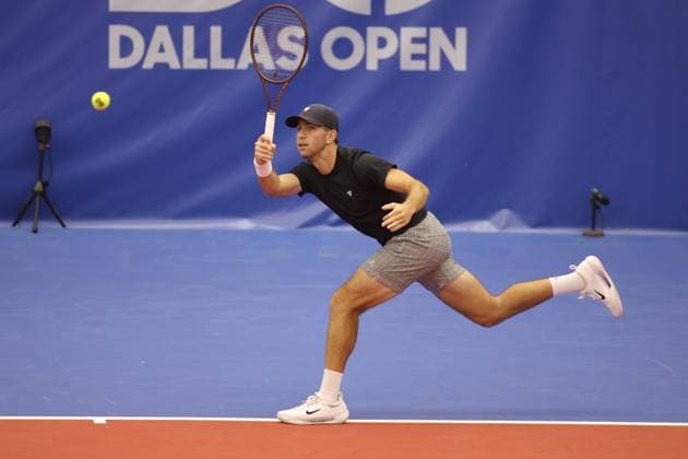 DALLAS, TX - FEBRUARY 05: Jackson Withrow (USA) hits a forehand during the Dallas Open on February 5, 2024 at Styslinger Altec Tennis Complex in Dallas, TX. (Photo by George Walker Icon Sportswire) TENNIS: FEB 05 Dallas Open EDITORIAL USE ONLY Icon24020553