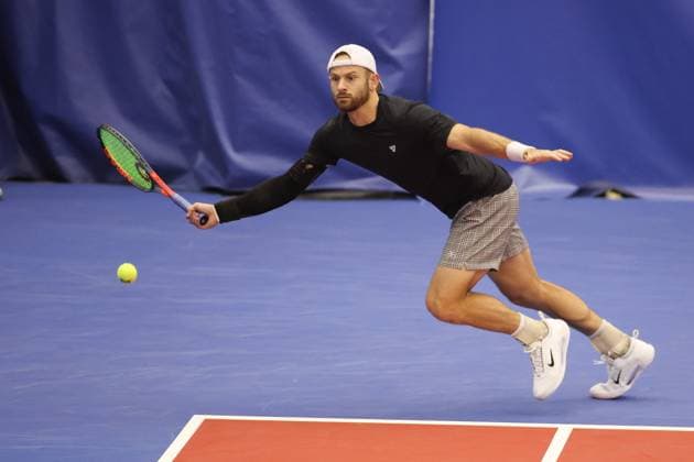 DALLAS, TX - FEBRUARY 05: Nathaniel Lammons (USA) hits a forehand during the Dallas Open on February 5, 2024 at Styslinger Altec Tennis Complex in Dallas, TX. (Photo by George Walker Icon Sportswire) TENNIS: FEB 05 Dallas Open EDITORIAL USE ONLY Icon24020554