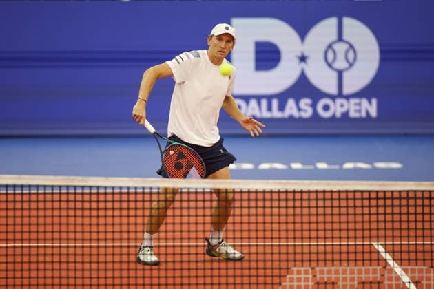 DALLAS, TX - FEBRUARY 05: Mitchell Krueger (USA) hits a volley during the Dallas Open on February 5, 2024 at Styslinger Altec Tennis Complex in Dallas, TX. (Photo by George Walker Icon Sportswire) TENNIS: FEB 05 Dallas Open EDITORIAL USE ONLY Icon24020556