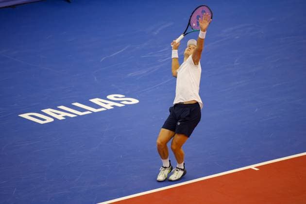 DALLAS, TX - FEBRUARY 05: Mitchell Krueger (USA) serves during the Dallas Open on February 5, 2024 at Styslinger Altec Tennis Complex in Dallas, TX. (Photo by George Walker Icon Sportswire) TENNIS: FEB 05 Dallas Open EDITORIAL USE ONLY Icon24020558