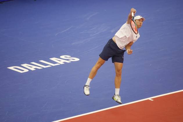 DALLAS, TX - FEBRUARY 05: Mitchell Krueger (USA) serves during the Dallas Open on February 5, 2024 at Styslinger Altec Tennis Complex in Dallas, TX. (Photo by George Walker Icon Sportswire) TENNIS: FEB 05 Dallas Open EDITORIAL USE ONLY Icon24020560