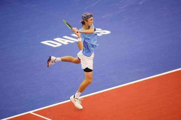 DALLAS, TX - FEBRUARY 05: Julian Steinhausen (USA) hits a backhand during the Dallas Open on February 5, 2024 at Styslinger Altec Tennis Complex in Dallas, TX. (Photo by George Walker Icon Sportswire) TENNIS: FEB 05 Dallas Open EDITORIAL USE ONLY Icon24020569