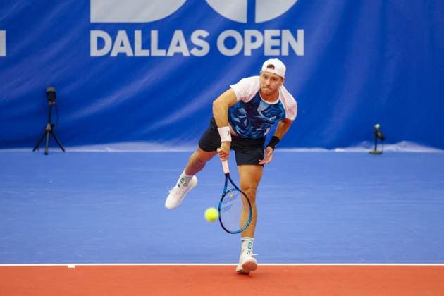 DALLAS, TX - FEBRUARY 06: James Duckworth (AUS) serves during the Dallas Open on February 6, 2024 at Styslinger Altec Tennis Complex in Dallas, TX. (Photo by George Walker Icon Sportswire) TENNIS: FEB 06 Dallas Open EDITORIAL USE ONLY Icon24020614