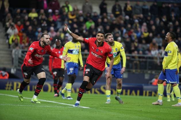 Joie des joueurs de l equipe Rennes apres le but de SALAH IBRAHIM 11 FOOTBALL : Fc Sochaux vs Rennes - Coupe De France - 06 02 2024 ElyxandroCegarra Panoramic 