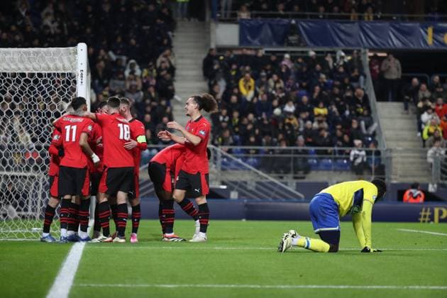 Joie des joueurs de l equipe Rennes apres le but de KALIMUENDO ARNAUD 9 FOOTBALL : Fc Sochaux vs Rennes - Coupe De France - 06 02 2024 ElyxandroCegarra Panoramic 