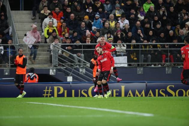 Joie des joueurs de l equipe Rennes apres le but de GOUIRI AMINE 10 FOOTBALL : Fc Sochaux vs Rennes - Coupe De France - 06 02 2024 ElyxandroCegarra Panoramic 