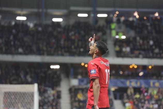 Joie des joueurs de l equipe Rennes apres le but de SALAH IBRAHIM 11 FOOTBALL : Fc Sochaux vs Rennes - Coupe De France - 06 02 2024 ElyxandroCegarra Panoramic 