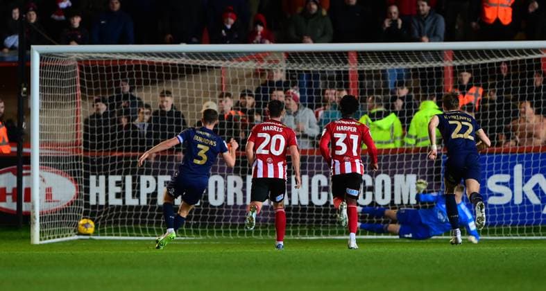 Exeter City v Peterborough United, Exeter, UK - 6 Feb 2024 Goal celebrations for Harrison Burrows of Peterborough United during the Sky Bet League 1 Match between Exeter City and Peterborough United at St James Park, Devon on 6 February 2024. Exeter St James Park Devon GBR Copyright: xTomxSandberg PPAUKx PPA-087036