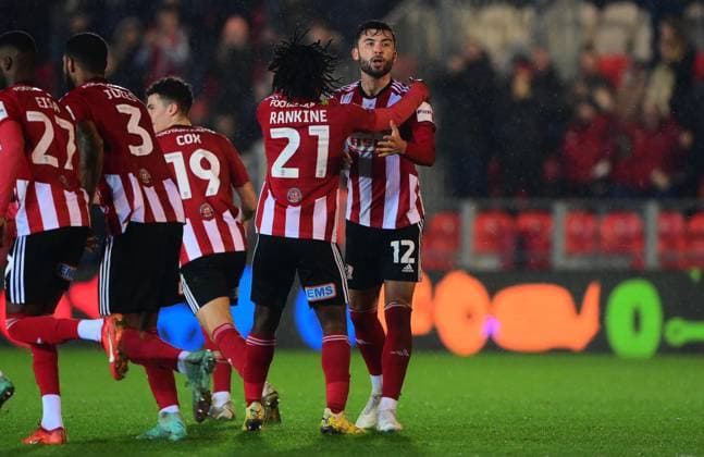 Exeter City v Peterborough United, Exeter, UK - 6 Feb 2024 Goal celebrations for Reece Cole of Exeter City during the Sky Bet League 1 Match between Exeter City and Peterborough United at St James Park, Devon on 6 February 2024. Exeter St James Park Devon GBR Copyright: xTomxSandberg PPAUKx PPA-087098