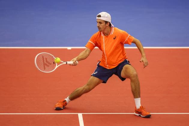 DALLAS, TX - FEBRUARY 06: Zachary Svajda (USA) hits a forehand during the Dallas Open on February 6, 2024 at Styslinger Altec Tennis Complex in Dallas, TX. (Photo by George Walker Icon Sportswire) TENNIS: FEB 06 Dallas Open EDITORIAL USE ONLY Icon24020620