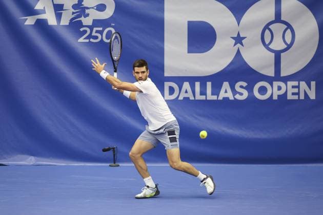 DALLAS, TX - FEBRUARY 06: Nicolas Moreno de Alboran (USA) hits a forehand during the Dallas Open on February 6, 2024 at Styslinger Altec Tennis Complex in Dallas, TX. (Photo by George Walker Icon Sportswire) TENNIS: FEB 06 Dallas Open EDITORIAL USE ONLY Icon24020625