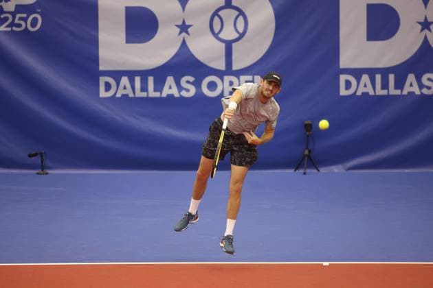 DALLAS, TX - FEBRUARY 06: Robert Galloway (USA) serves during the Dallas Open on February 6, 2024 at Styslinger Altec Tennis Complex in Dallas, TX. (Photo by George Walker Icon Sportswire) TENNIS: FEB 06 Dallas Open EDITORIAL USE ONLY Icon24020632