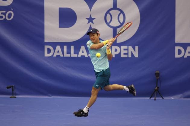 DALLAS, TX - FEBRUARY 06: Yoshihito Nishioka (JPN) hits a backhand during the Dallas Open on February 6, 2024 at Styslinger Altec Tennis Complex in Dallas, TX. (Photo by George Walker Icon Sportswire) TENNIS: FEB 06 Dallas Open EDITORIAL USE ONLY Icon24020646