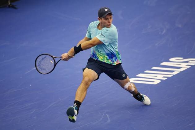 DALLAS, TX - FEBRUARY 06: Dominik Koepfer (GER) hits a backhand during the Dallas Open on February 6, 2024 at Styslinger Altec Tennis Complex in Dallas, TX. (Photo by George Walker Icon Sportswire) TENNIS: FEB 06 Dallas Open EDITORIAL USE ONLY Icon24020659