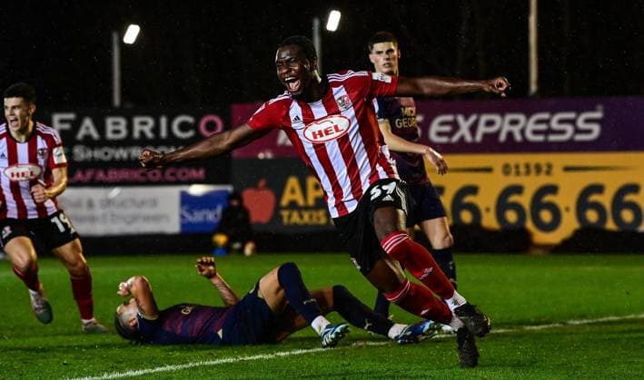 Exeter City v Peterborough United, Exeter, UK - 6 Feb 2024 Goal celebrations for Cheick Diabate of Exeter City during the Sky Bet League 1 Match between Exeter City and Peterborough United at St James Park, Devon on 6 February 2024. Exeter St James Park Devon GBR Copyright: xTomxSandberg PPAUKx PPA-087136