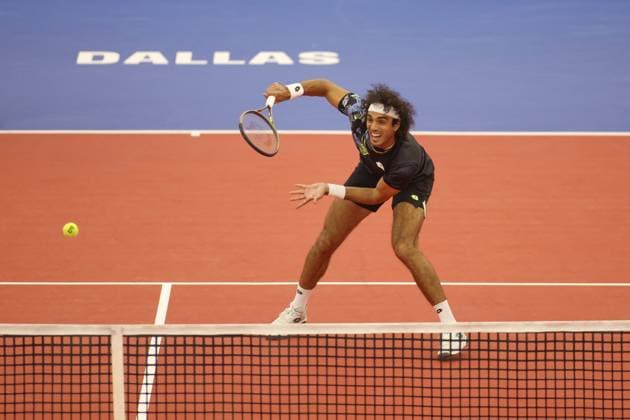 DALLAS, TX - FEBRUARY 07: Skander Mansouri (TUN) hits a volley during the Dallas Open on February 7, 2024 at Styslinger Altec Tennis Complex in Dallas, TX. (Photo by George Walker Icon Sportswire) TENNIS: FEB 07 Dallas Open EDITORIAL USE ONLY Icon24020738