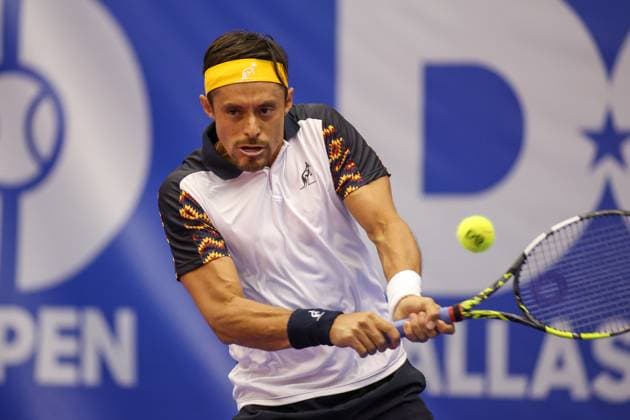DALLAS, TX - FEBRUARY 07: Cristian Rodriguez (COL) hits a backhand during the Dallas Open on February 7, 2024 at Styslinger Altec Tennis Complex in Dallas, TX. (Photo by George Walker Icon Sportswire) TENNIS: FEB 07 Dallas Open EDITORIAL USE ONLY Icon24020750