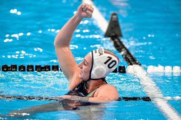 Claudia Roberta Marletta of Italy celebrates during the Water polo, Wasserball women match between team Italy (white caps) and team Canada (blue caps) of the 21st World Aquatics Championships at the Aspire Dome in Doha (Qatar), February 8, 2024. GiorgioXScala