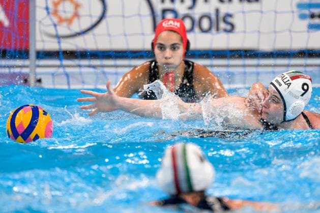 Valeria Palmieri of Italy during the Water polo, Wasserball women match between team Italy (white caps) and team Canada (blue caps) of the 21st World Aquatics Championships at the Aspire Dome in Doha (Qatar), February 8, 2024. GiorgioXScala